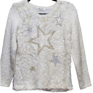 H&M Girls Fuzzy White‎ Sweater With Star Design Size 8-10
